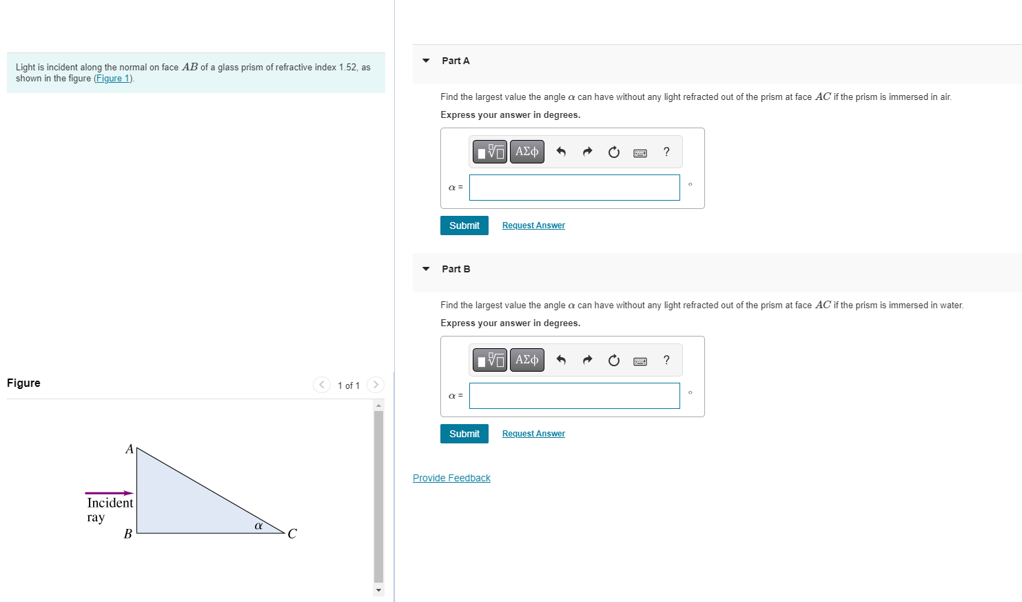 Solved Light is incident along the normal on face AB of a | Chegg.com