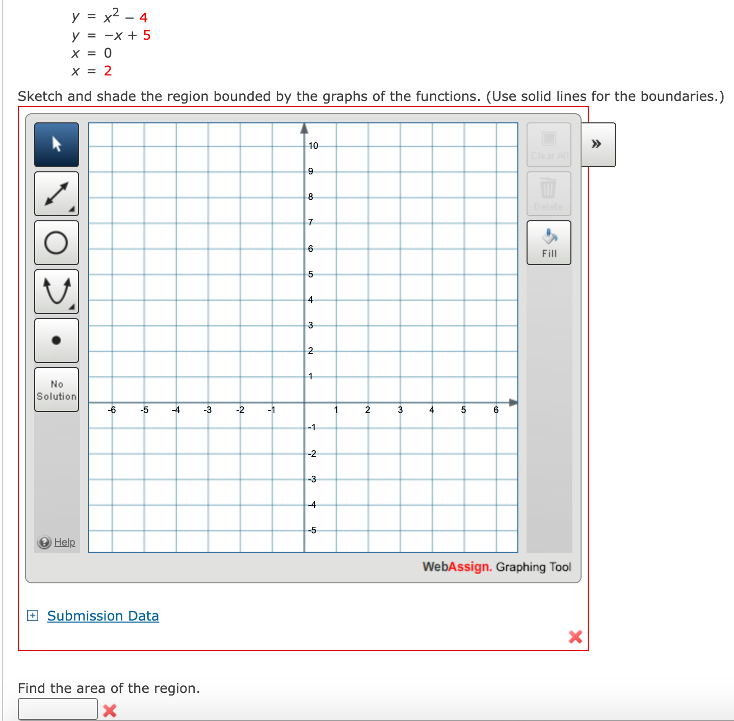 Solved y=x2−4y=−x+5x=0x=2 Sketch and shade the region | Chegg.com