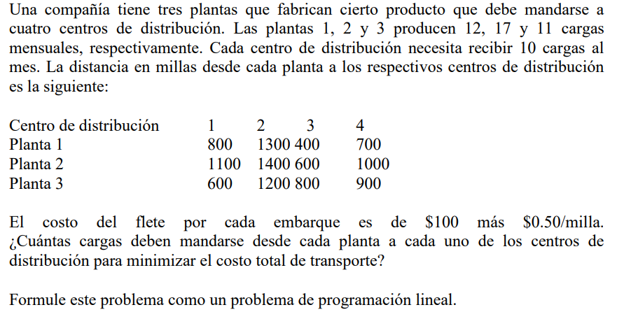 Una compañía tiene tres plantas que fabrican cierto producto que debe mandarse a cuatro centros de distribución. Las plantas