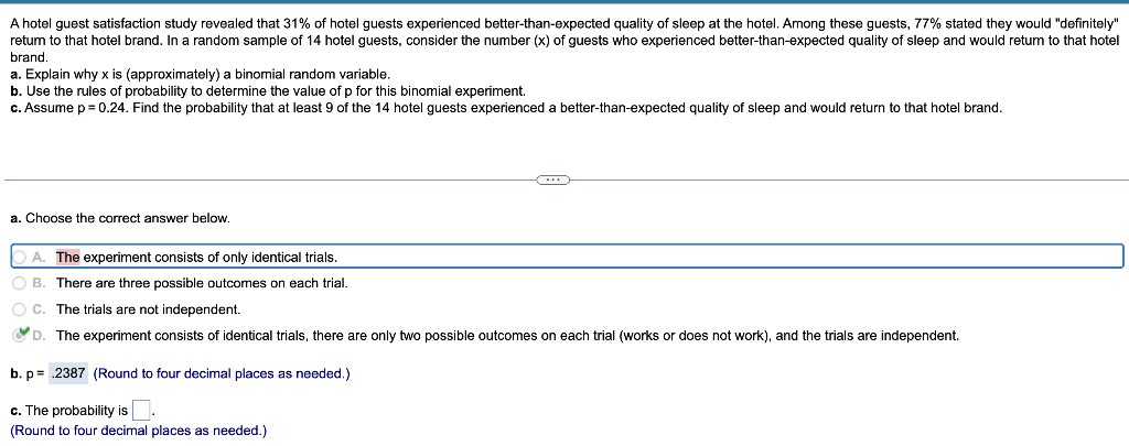 Solved A hotel guest satisfaction study revealed that 31% of | Chegg.com