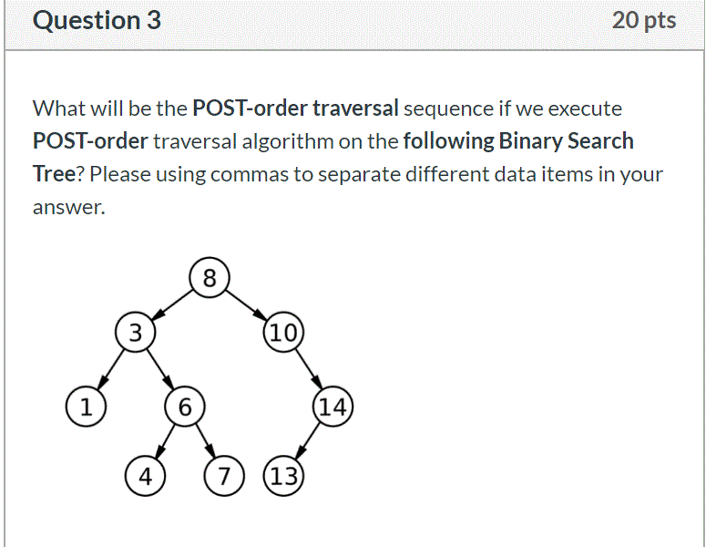 Solved Question 3 20 pts What will be the POST-order | Chegg.com