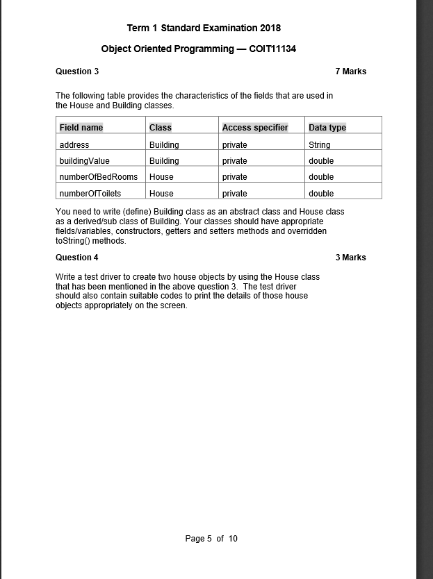 Solved Term 1 Standard Examination 2018 Object Oriented | Chegg.com