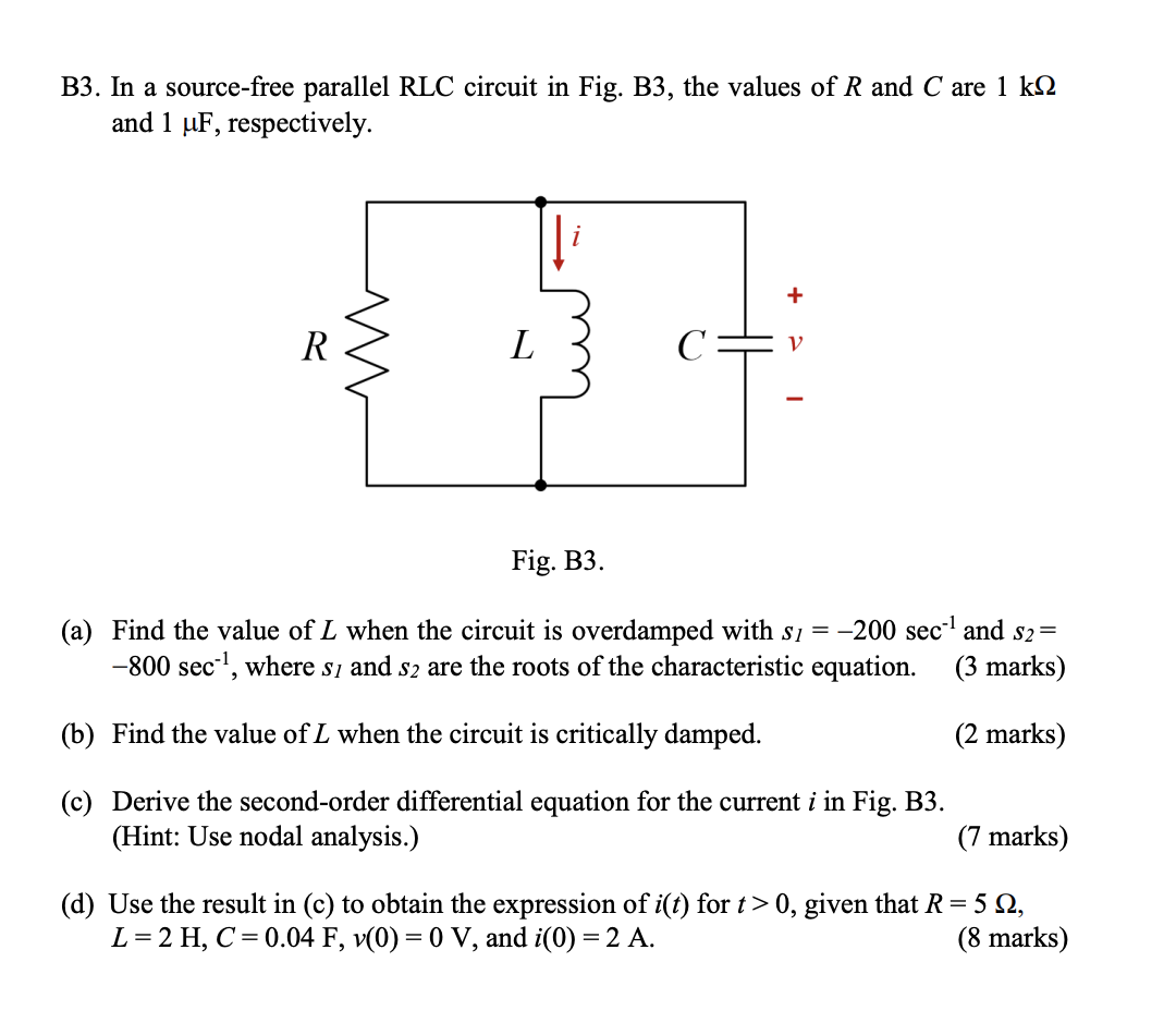 Solved In A Source Free Parallel Rlc Circuit In Fig Chegg Com