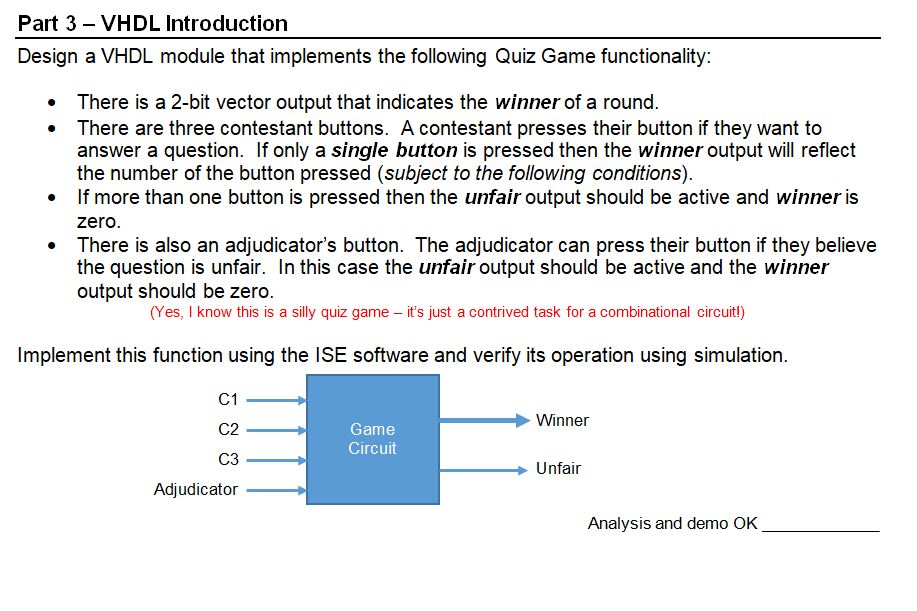 Part 3 - VHDL Introduction Design a VHDL module that | Chegg.com
