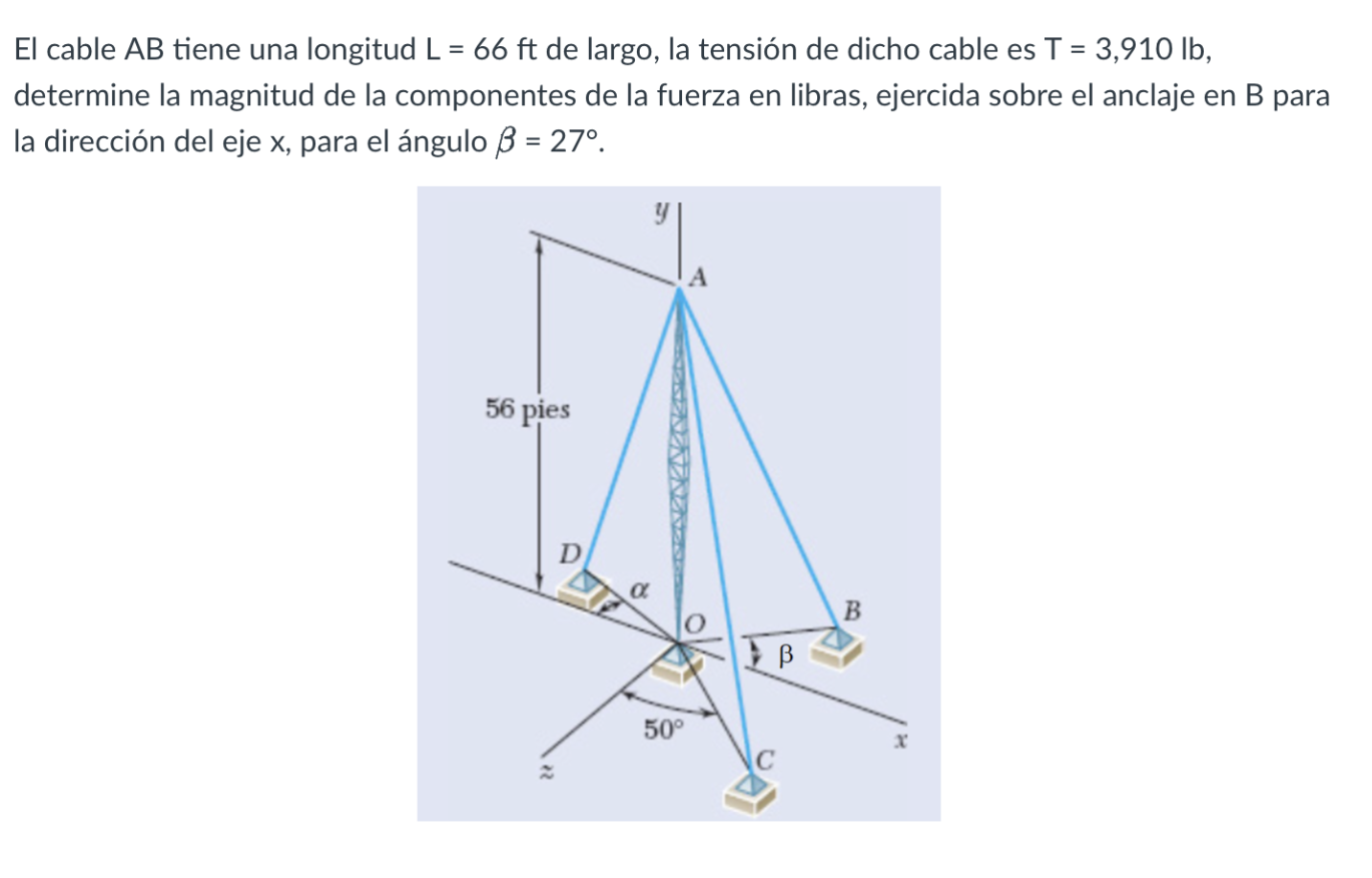 El cable \( A B \) tiene una longitud \( L=66 \mathrm{ft} \) de largo, la tensión de dicho cable es \( T=3,910 \mathrm{lb} \)