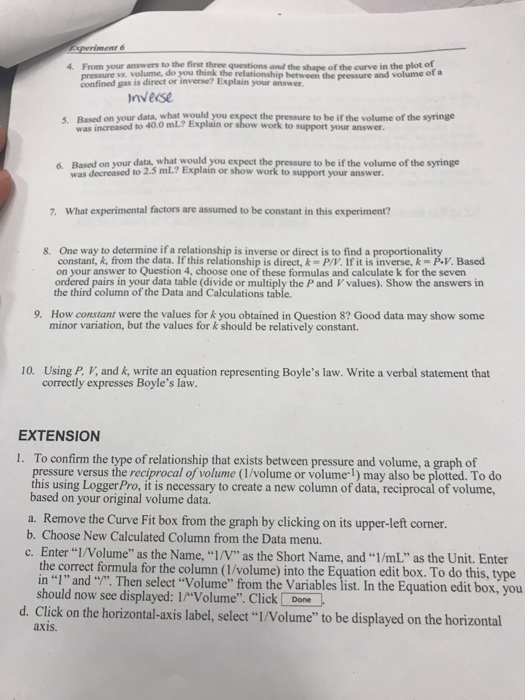 Solved Experiment 6 Boyle's Law: Pressure-Volume | Chegg.com