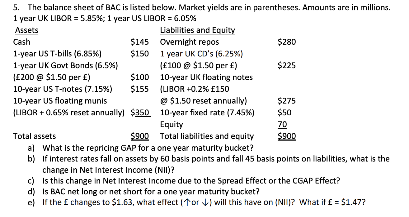Solved 5. The balance sheet of BAC is listed below. Market | Chegg.com