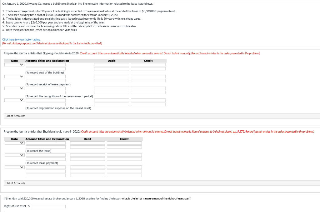 Solved On January 1, 2020, Skysong Co. leased a building to | Chegg.com