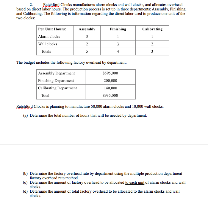 Solved 2.Ratchford Clocks manufactures alarm clocks and wall | Chegg.com