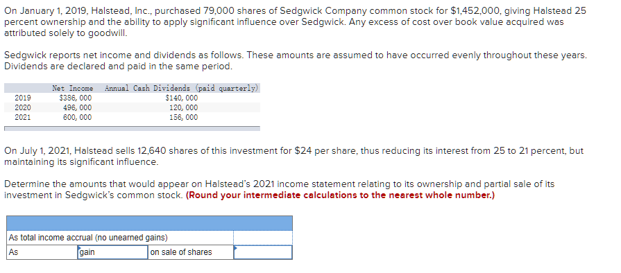 Solved On January 1, 2019, Halstead, Inc., purchased 79,000 | Chegg.com