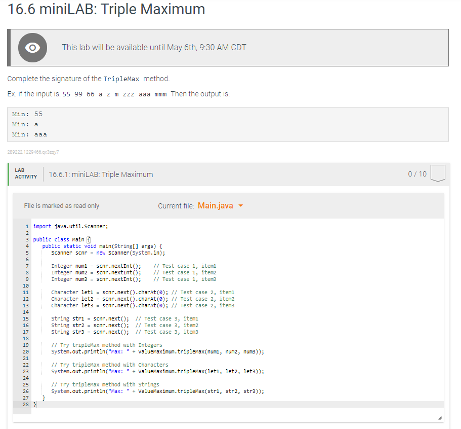 Solved 16.6 miniLAB: Triple Maximum This lab will be | Chegg.com