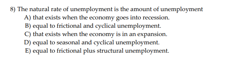 Solved 8) The Natural Rate Of Unemployment Is The Amount Of | Chegg.com