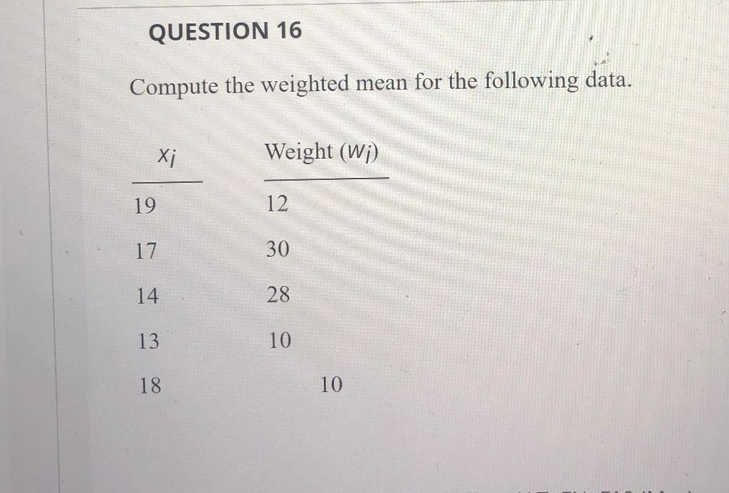 Solved QUESTION 16 Compute the weighted mean for the | Chegg.com