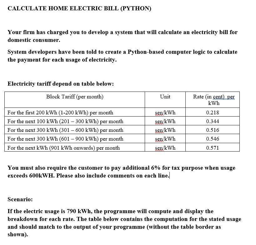 Solved CALCULATE HOME ELECTRIC BILL (PYTHON) Your firm has | Chegg.com