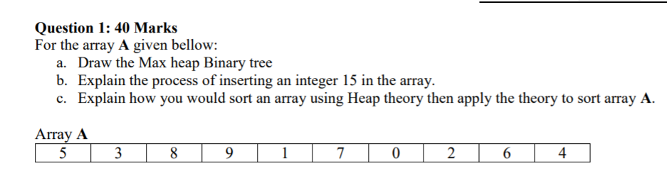 Solved Question 1: 40 Marks For the array A given bellow: a. | Chegg.com