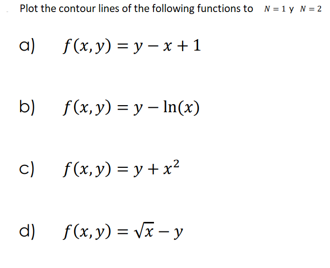 Plot the contour lines of the following functions to N=1 y N = 2 a) f(x,y) = y - x + 1 b) f(x, y) = y – In(x) = c) f(x, y) =