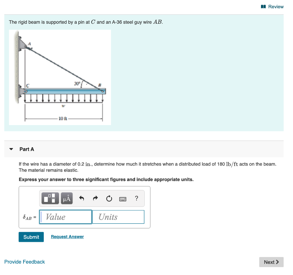 Solved Review The rigid beam is supported by a pin at C and | Chegg.com