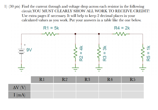 Solved 1) (30 pts) Find the current through and voltage drop | Chegg.com