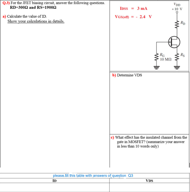 Solved Q.3) ﻿For the JFET biasing circuit, answer the | Chegg.com