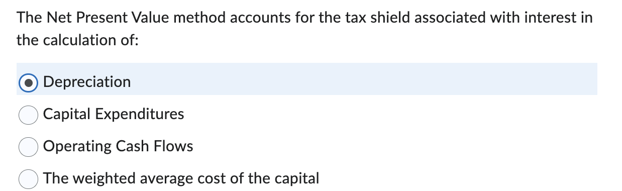 Solved The Net Present Value Method Accounts For The Tax Chegg Com   PhpUdHOPl