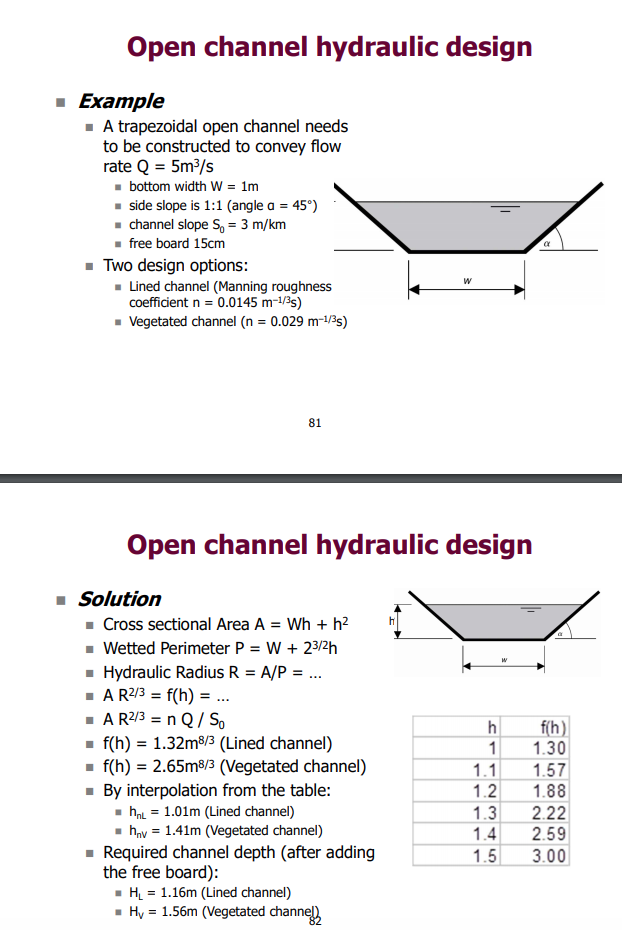 Solved Open channel hydraulic design Example • A trapezoidal