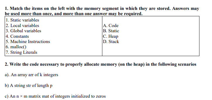 Solved 1. Match the items on the left with the memory | Chegg.com
