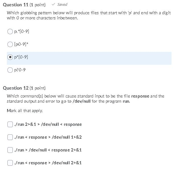 Solved Question 11 (1 point) Saved Which globbing pattern | Chegg.com