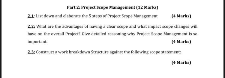 Solved Part 2: Project Scope Management (12 Marks) 2.1: List | Chegg.com