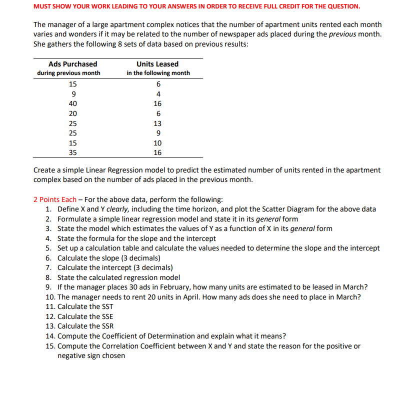 Solved MUST SHOW YOUR WORK LEADING TO YOUR ANSWERS IN ORDER | Chegg.com