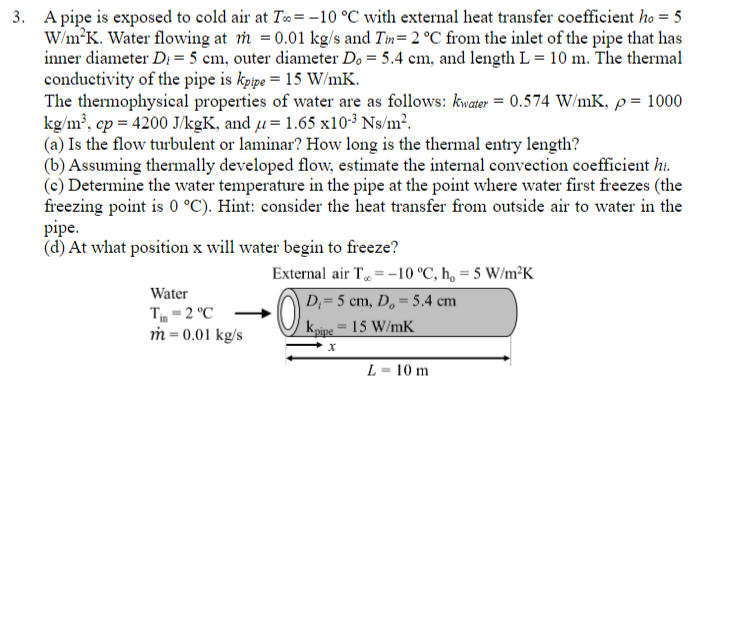 Solved 3. A pipe is exposed to cold air at To = -10 °C with | Chegg.com