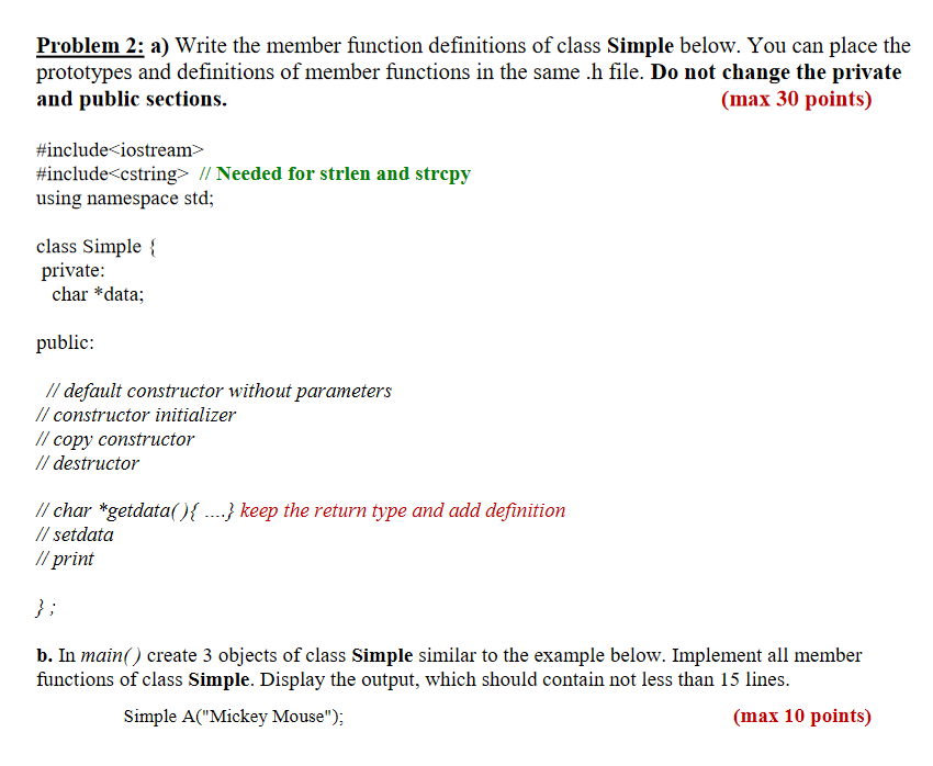 Solved Problem 2: a) Write the member function definitions | Chegg.com