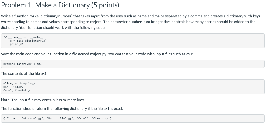 Problem 1. ﻿Make a Dictionary (5 ﻿points)Write a | Chegg.com