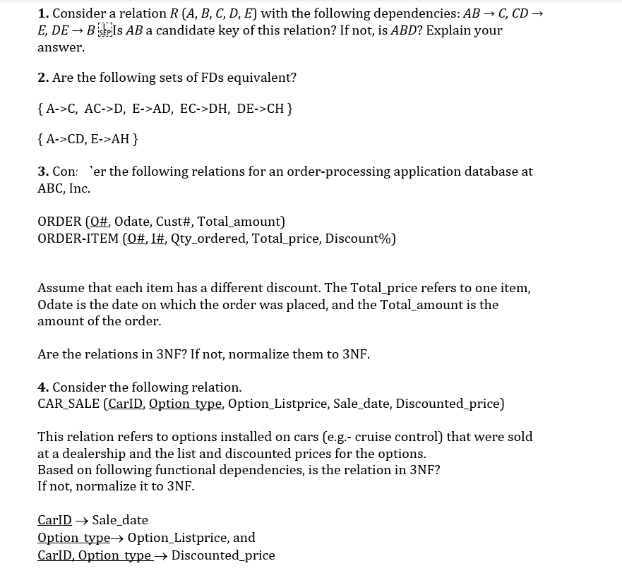 Solved 1. Consider A Relation R(A,B,C,D,E) With The | Chegg.com