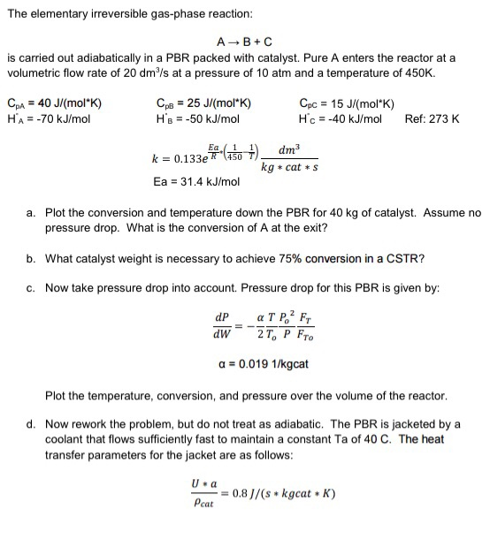 The Elementary Irreversible Gas-phase Reaction A→B+C | Chegg.com