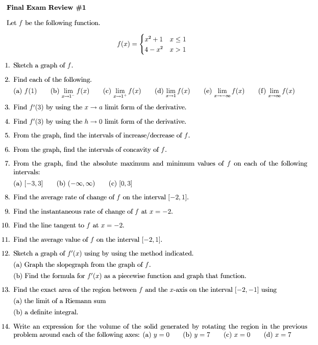 Solved Final Exam Review \#1 Let f be the following | Chegg.com