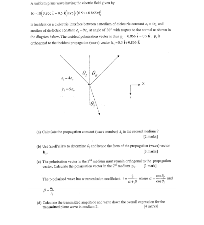 Solved A Uniform Plane Wave Having The Electric Field Given | Chegg.com