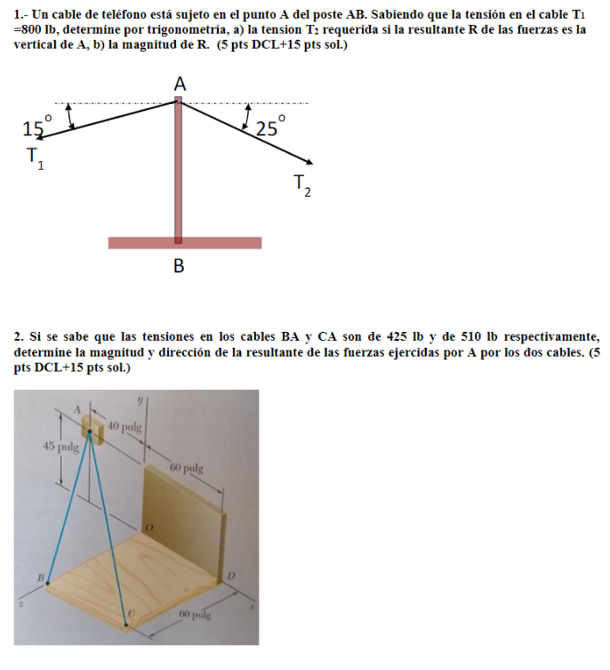 1.- Un cable de teléfono está sujeto en el punto \( \mathrm{A} \) del poste \( \mathrm{AB} \). Sabiendo que la tensión en el