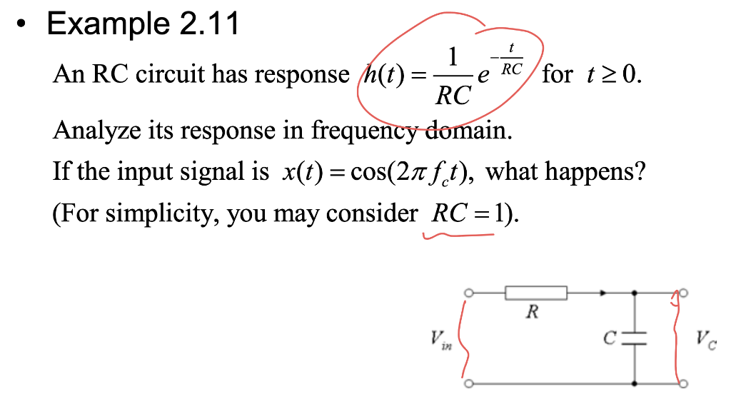 Example \( 2.11 \)
An RC circuit has response \( h(t)=\frac{1}{R C} e^{-\frac{t}{R C}} \) for \( t \geq 0 \).
Analyze its res