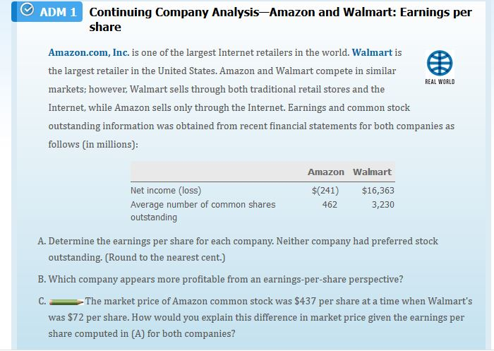 Adm 1 Continuing Company Analysis Amazon And Walmart Chegg Com