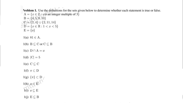 Solved Problem 1. Use The Definitions For The Sets Given | Chegg.com