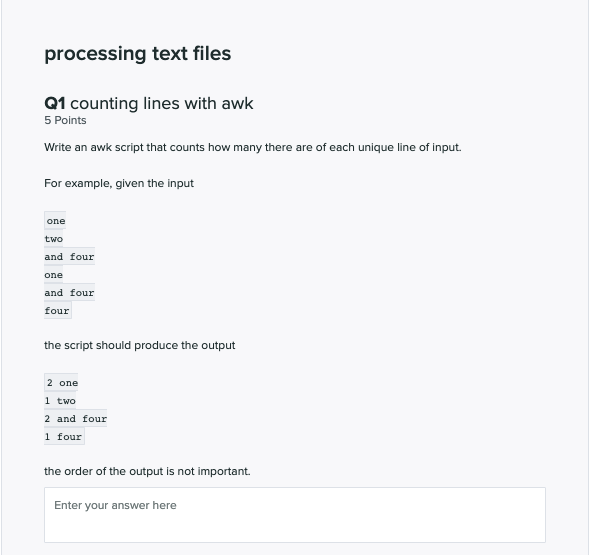Solved processing text files Q1 counting lines with awk 5 | Chegg.com