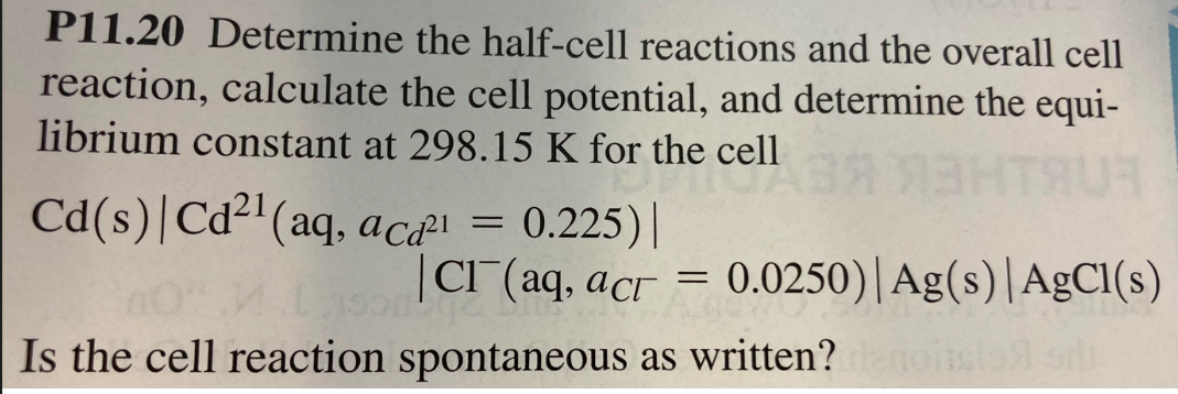 Solved P11.20 Determine the half-cell reactions and the | Chegg.com