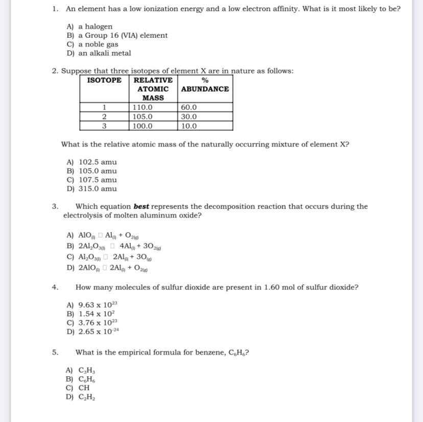 Solved 1. An element has a low ionization energy and a low | Chegg.com