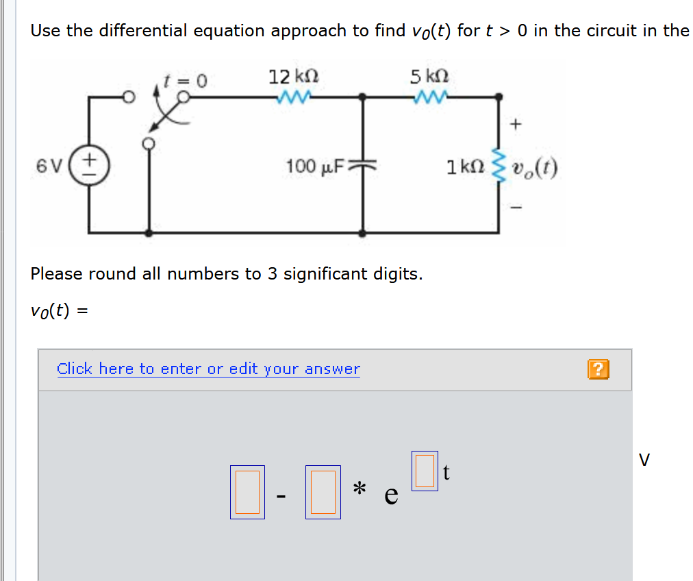Use the differential equation approach to find volt) for t > 0 in the circuit in the 12 k12 5 k2 W 100 uFt 1kn {v.(t) Please