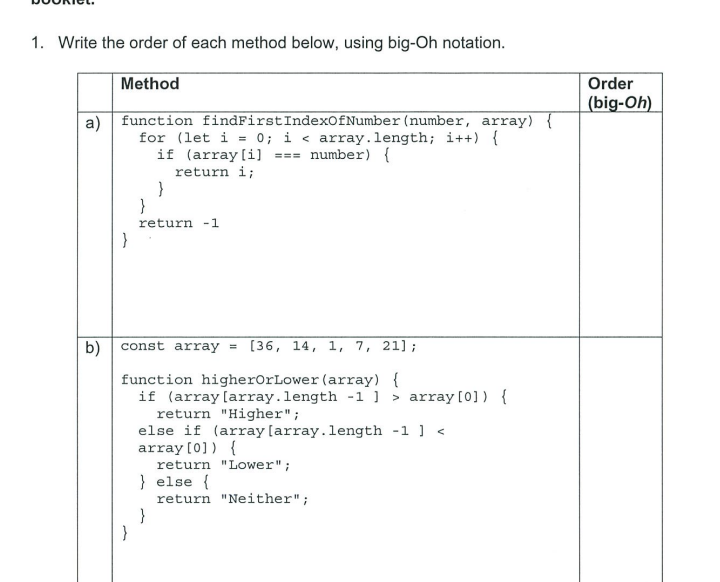 Solved 1. Write the order of each method below, using big-Oh | Chegg.com