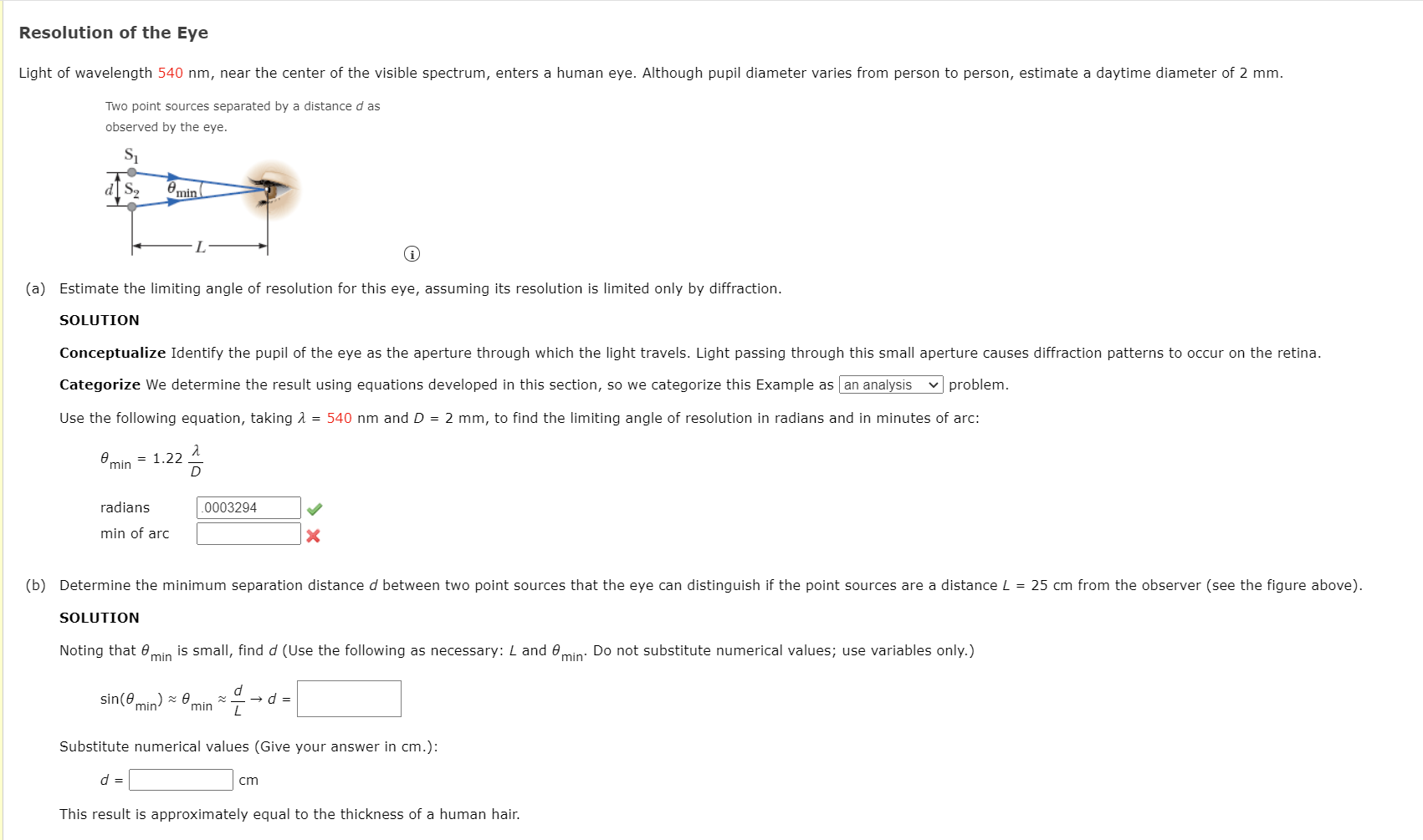 Solved C. Find what diameter the pupil of a human eye must | Chegg.com