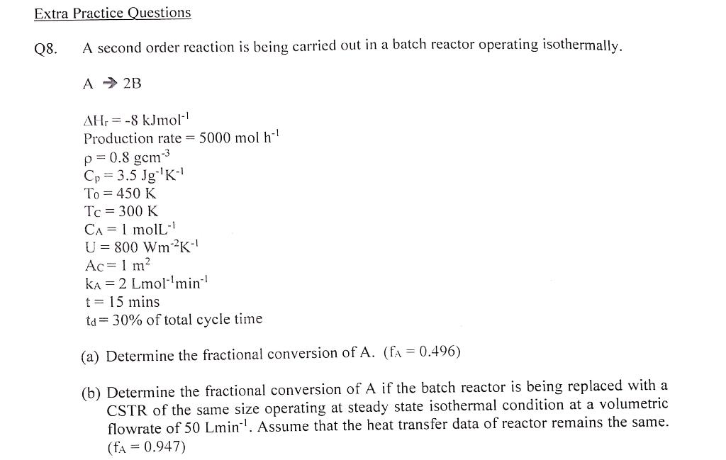 Extra Practice Questions Q8. A second order reaction | Chegg.com