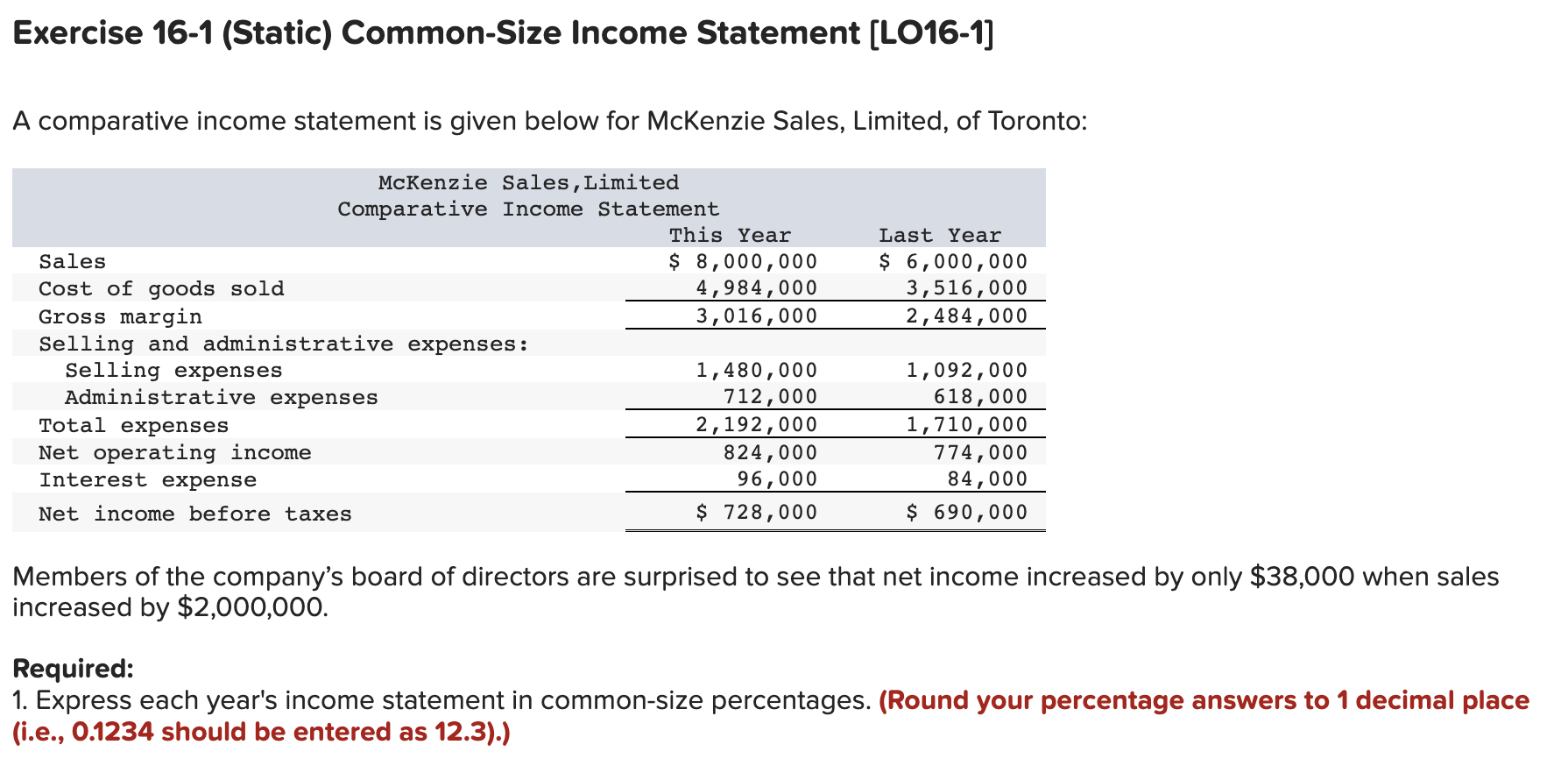 Solved Exercise 16-1 (Static) Common-Size Income Statement | Chegg.com