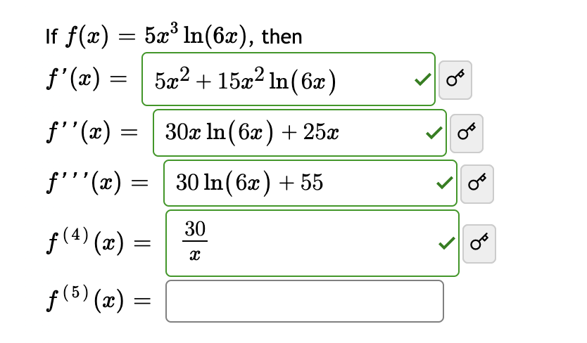 = 523 If f(0) = 5.rº In(6x), then x 5x f(x) = 5x2 + 15x2 In(6x) ) q = - 30x In(6x) + 252 O f(x) f(x) = = 30 In (6x) + 5