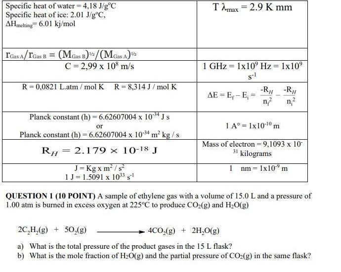 T Max 2 9 K Mm Specific Heat Of Water 4 18 J G C Chegg Com